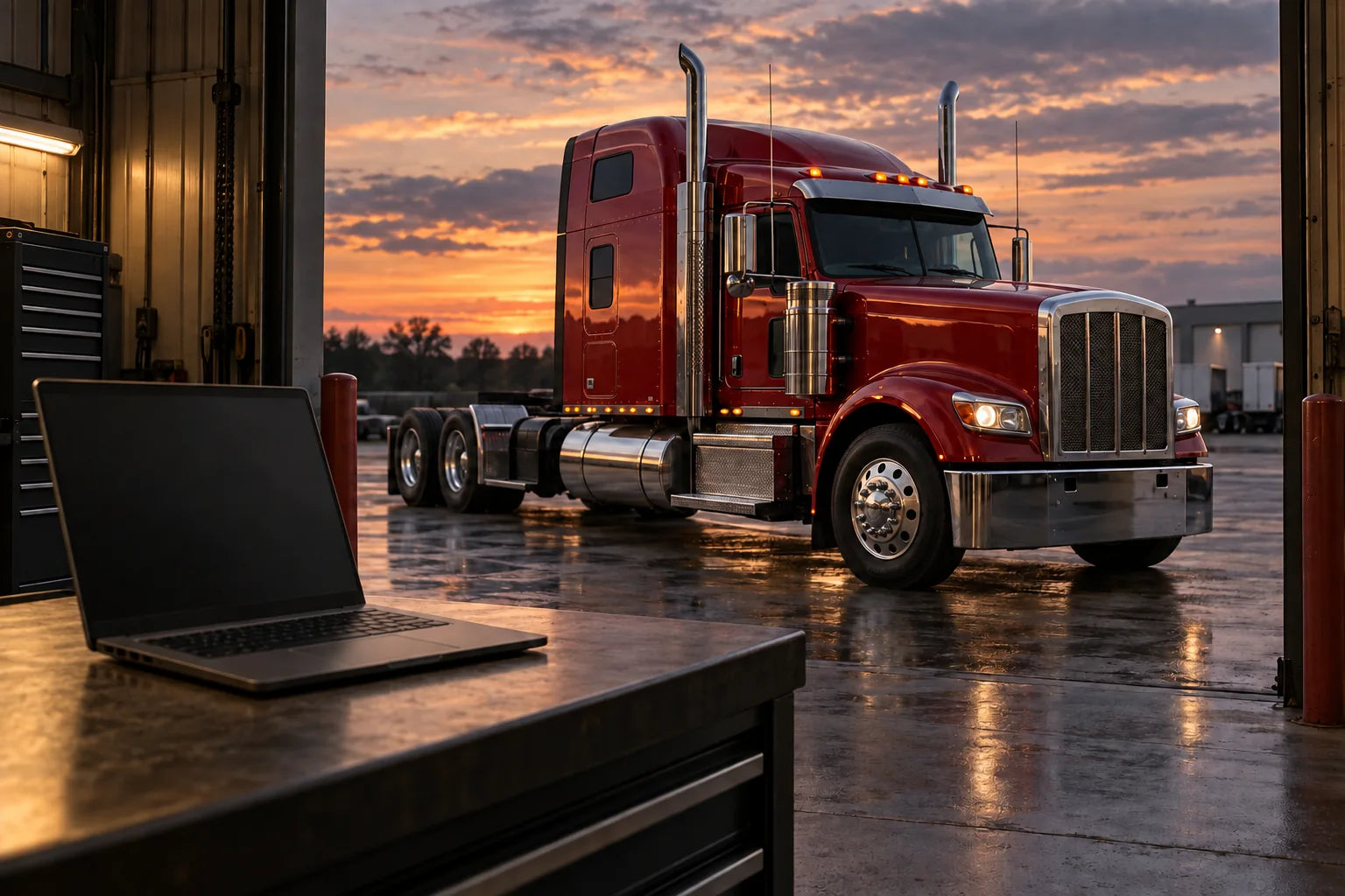 Marketing artwork of an unbranded laptop on a workshop bench beside a red heavy-duty truck