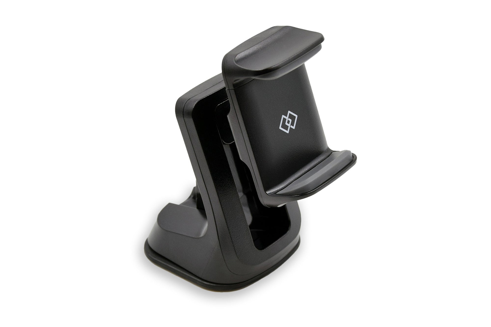 Black adjustable smartphone suction mount with white logo.