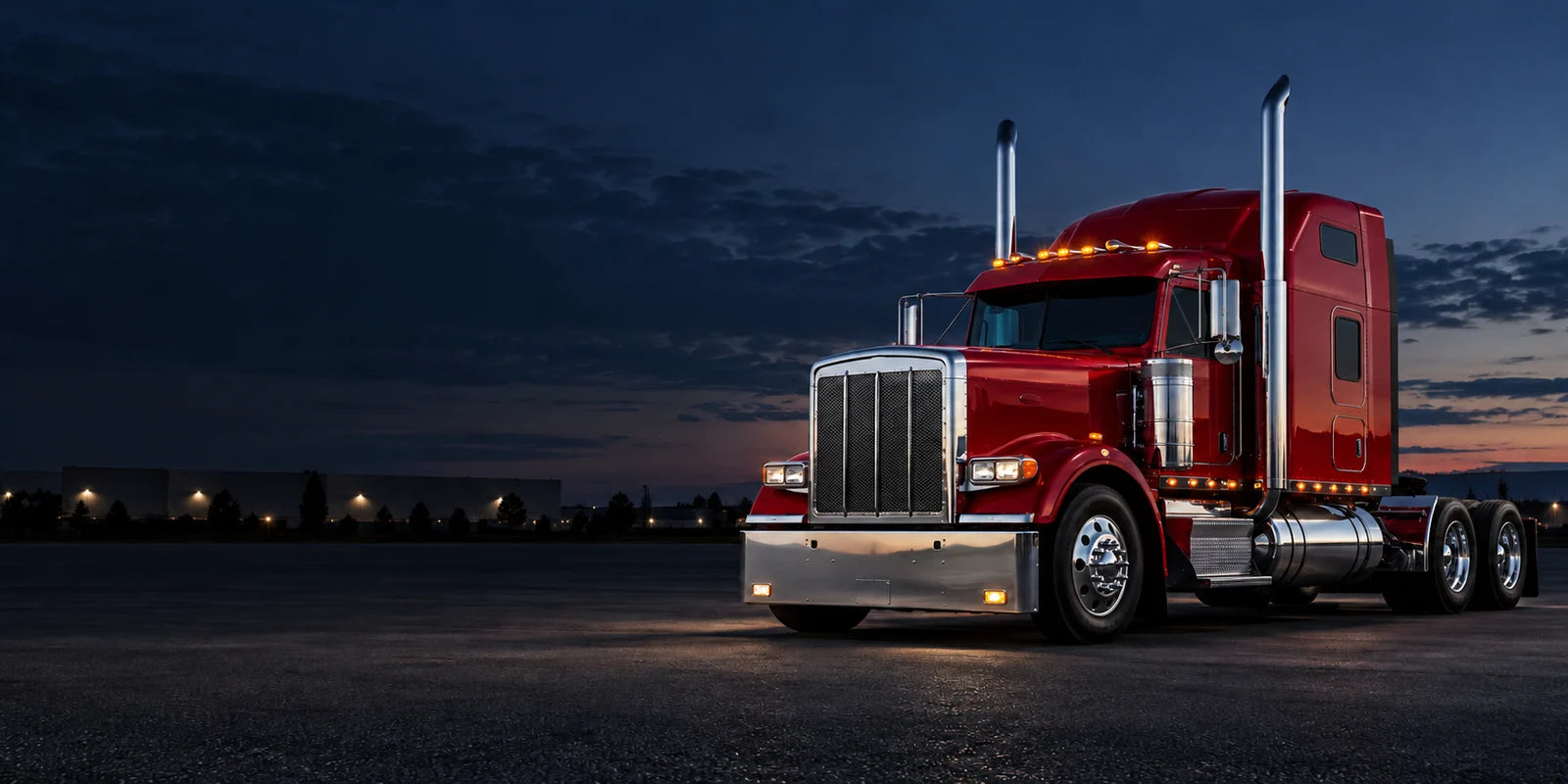 Marketing artwork of a red heavy-duty semi tractor at dusk