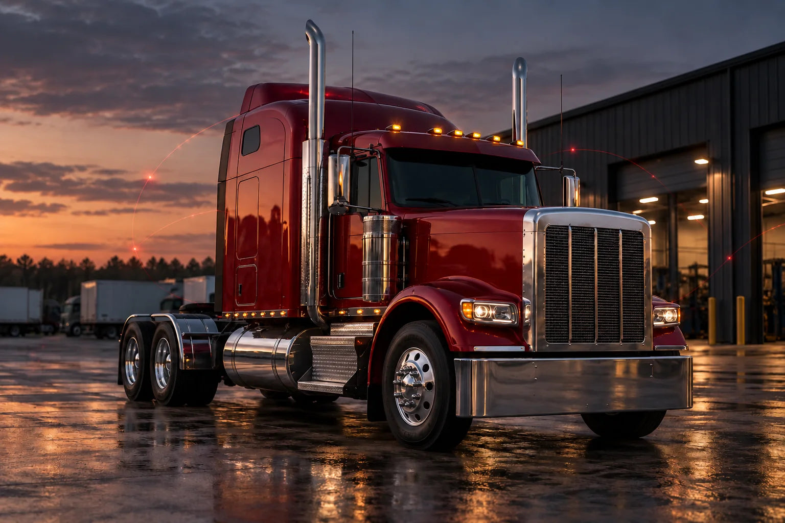 Marketing artwork of a red heavy-duty truck in a workshop yard with subtle connection graphics